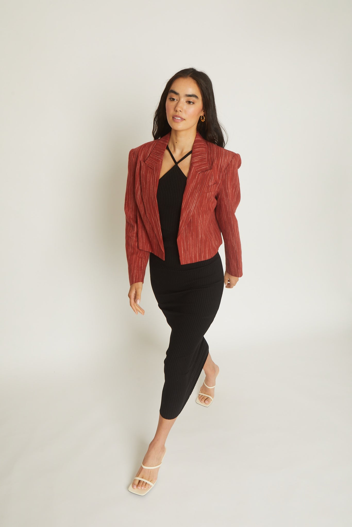Cropped Dried Rose Red Blazer Jacket Lapel Collar Spring Summer Style Bright Red Sexy Cropped Jacket Womens Style Workwear Office Wear Elevated Outerwear Sophisticated Chic
