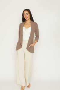 Melanie shawl knit jacket, mocha color, knit crepe, 3/4 sleeve length, open front jacket