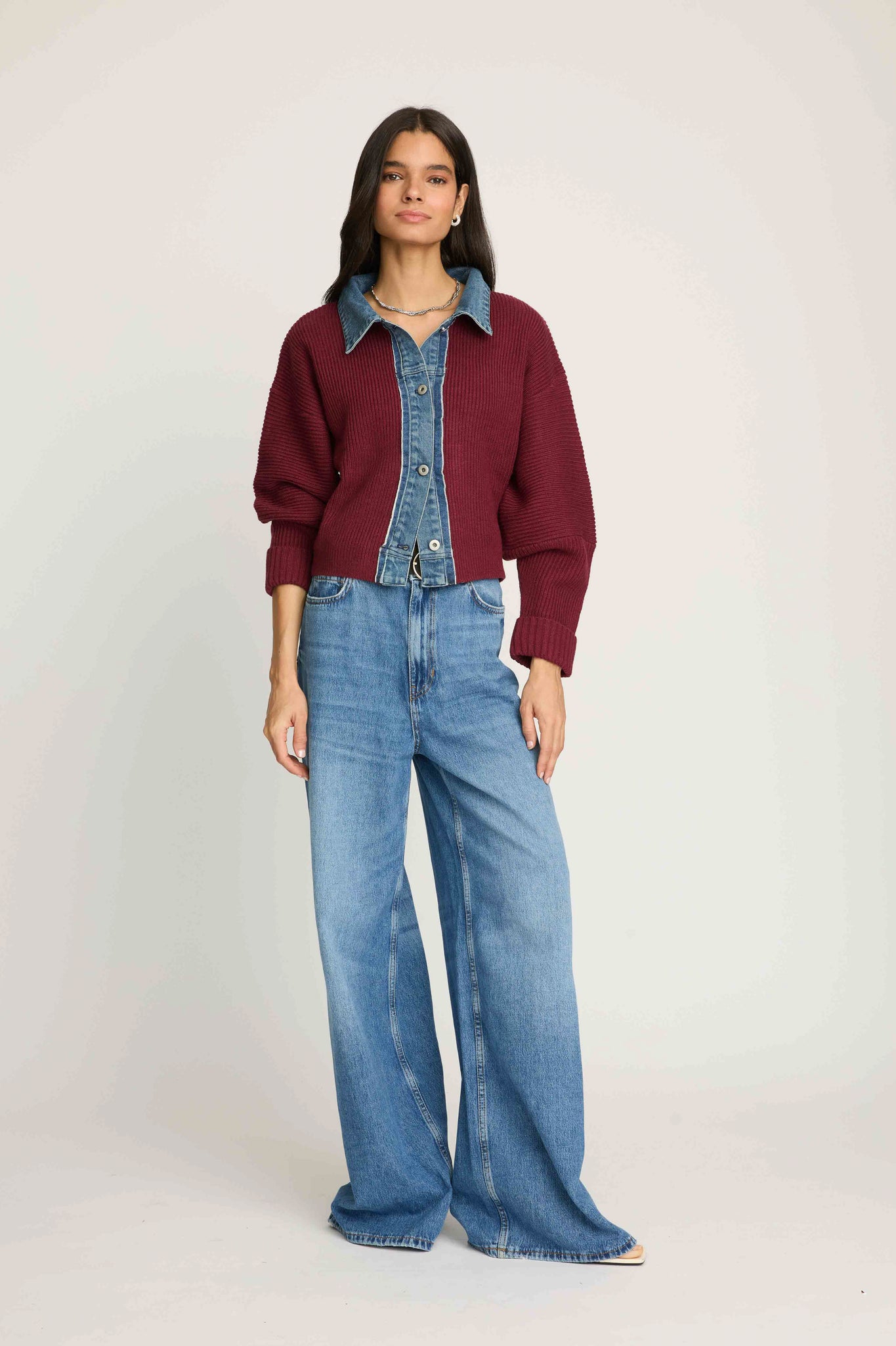 Piper Denim Trim Sweater - Burgundy