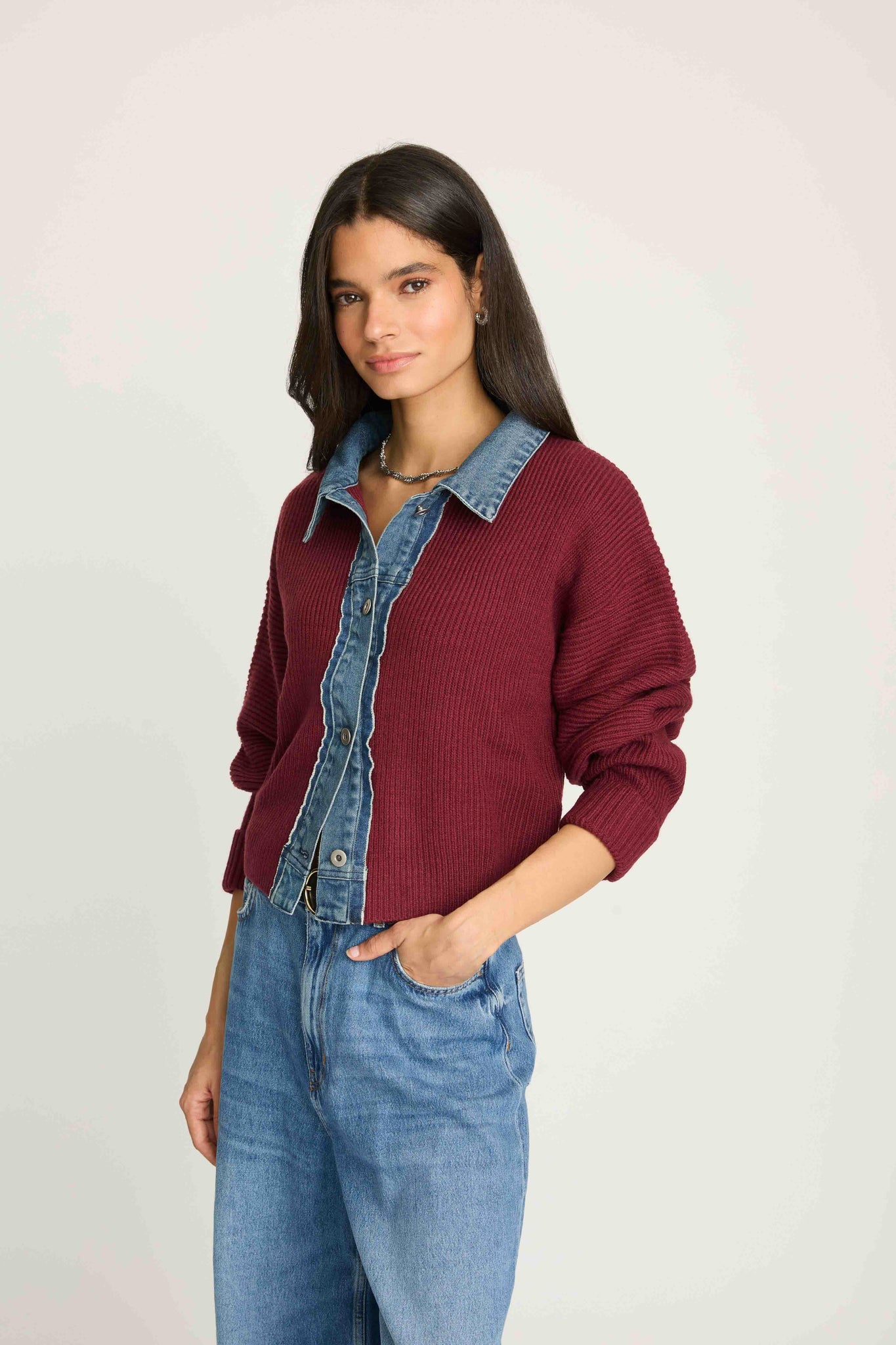 Piper Denim Trim Sweater - Burgundy