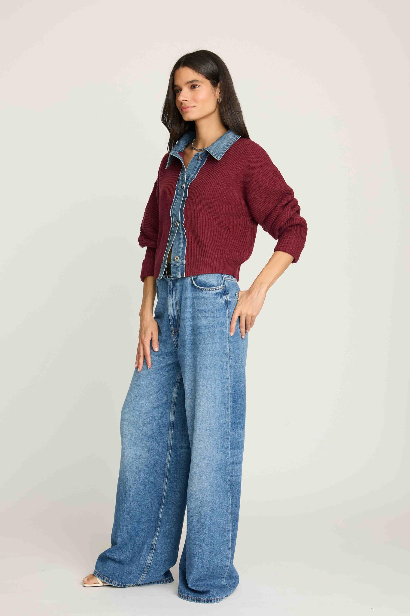 Piper Denim Trim Sweater - Burgundy