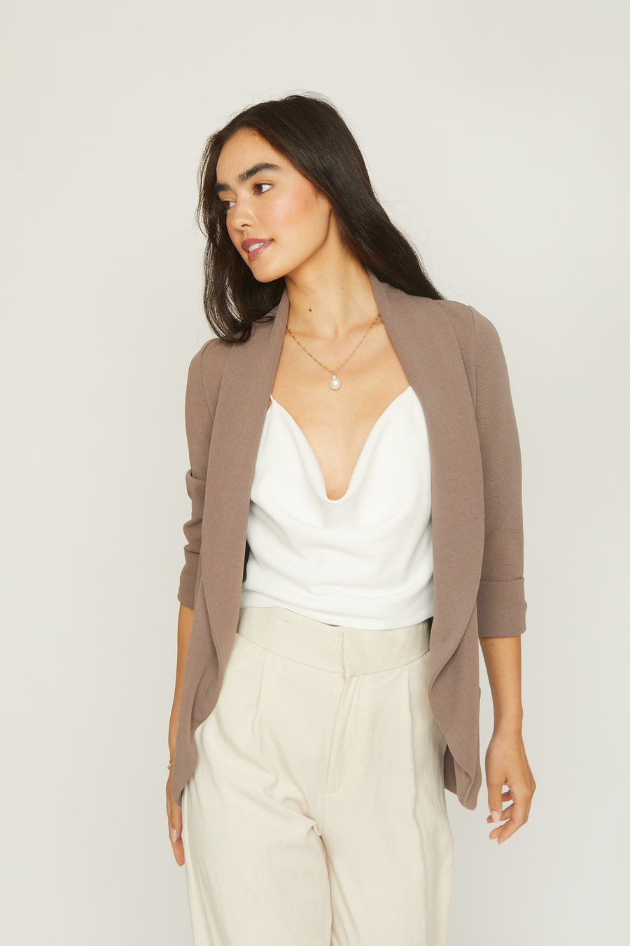 No Srcipt image - Images of 5 of 8 Melanie shawl knit jacket, mocha color, knit crepe, 3/4 sleeve length, open front jacket