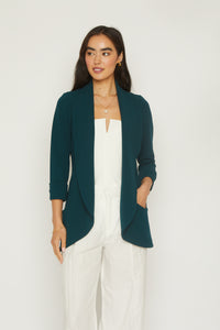 Melanie knit jacket, knit crepe fabric, 3/4 sleeve length, open front , shawl collar, front pocket, soft and stretch, teal color