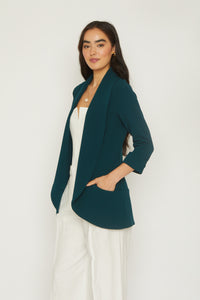 Melanie knit jacket, knit crepe fabric, 3/4 sleeve length, open front , shawl collar, front pocket, soft and stretch, teal color