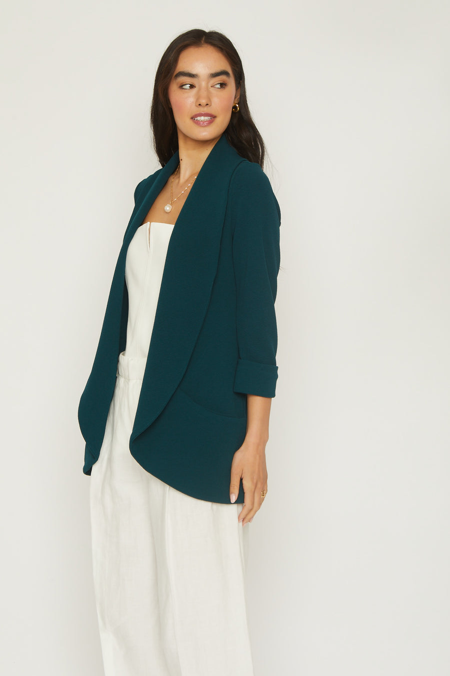 No Srcipt image - Images of 6 of 11 Melanie knit jacket, knit crepe fabric, 3/4 sleeve length, open front , shawl collar, front pocket, soft and stretch, teal color