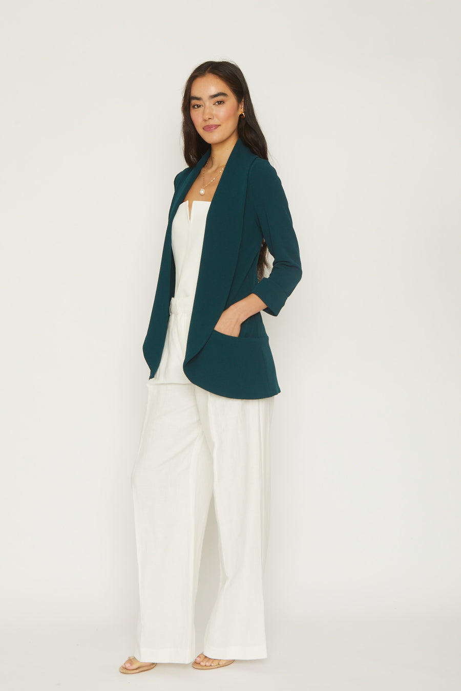 No Srcipt image - Images of 2 of 11 Melanie knit jacket, knit crepe fabric, 3/4 sleeve length, open front , shawl collar, front pocket, soft and stretch, teal color