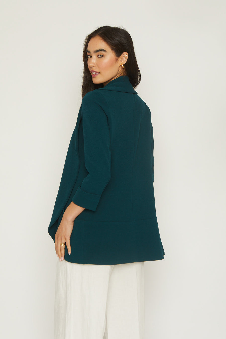 No Srcipt image - Images of 7 of 11 Melanie knit jacket, knit crepe fabric, 3/4 sleeve length, open front , shawl collar, front pocket, soft and stretch, teal color