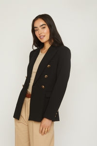 classic double breasted blazer, black blazer, gold button details, black color, tailored blazer