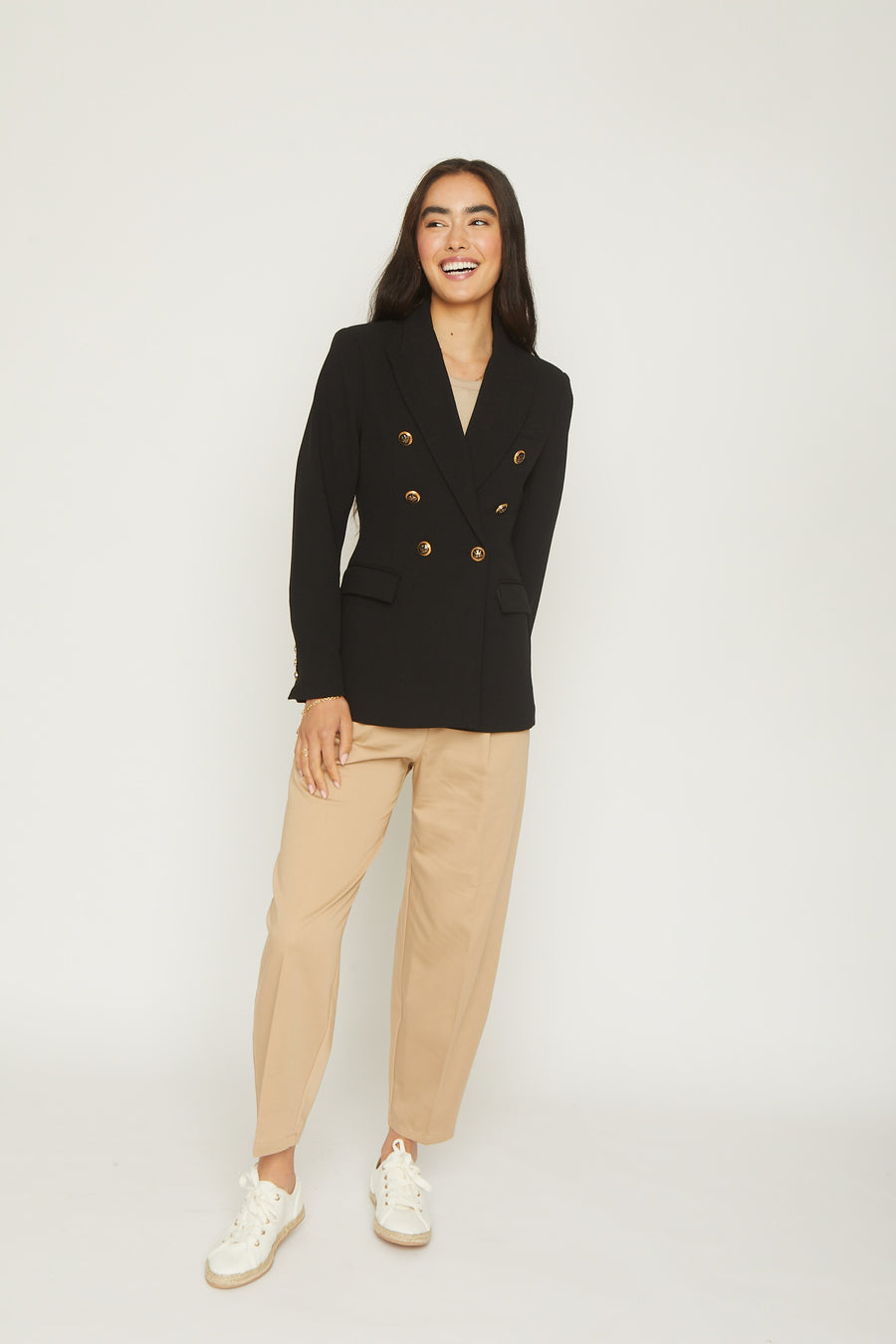 No Srcipt image - Images of 1 of 13 classic double breasted blazer, black blazer, gold button details, black color, tailored blazer
