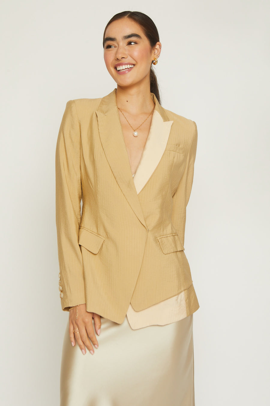 No Srcipt image - Images of 4 of 8 Beige Nude Tan Brown Color Way Cream Fall Style Fall Fashion Women's Outerwear Office Wear Workwear Blazer Jacket Contrast Lapel Color Front Pockets Neutral Chic Simple Staple Jacket Blazer