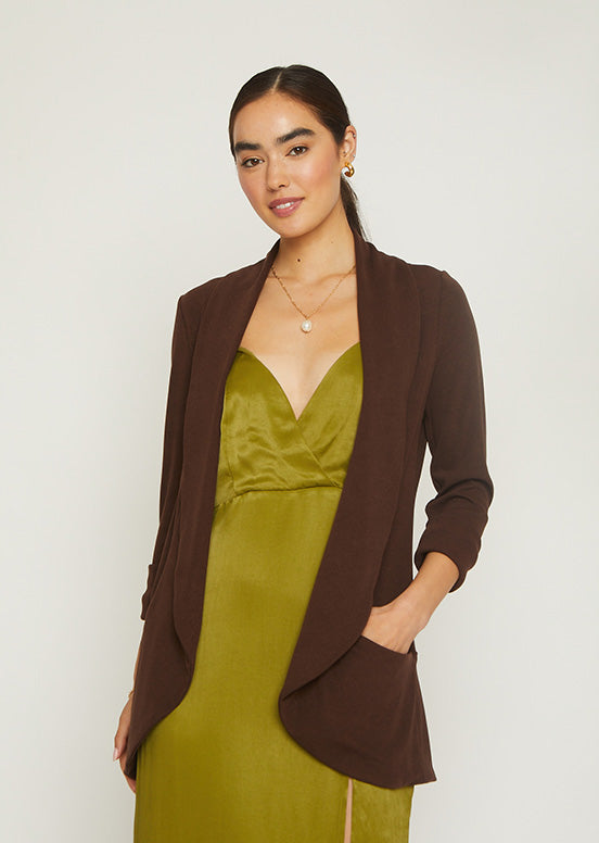 No Srcipt image - Images of 2 of 10 Classic knit jacket with shawl collar rib knit medium weight fabric side pockets Chocolate brown color
