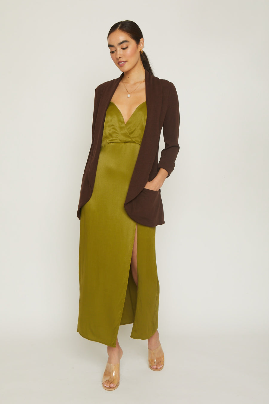 No Srcipt image - Images of 3 of 10 Classic knit jacket with shawl collar rib knit medium weight fabric side pockets Chocolate brown color