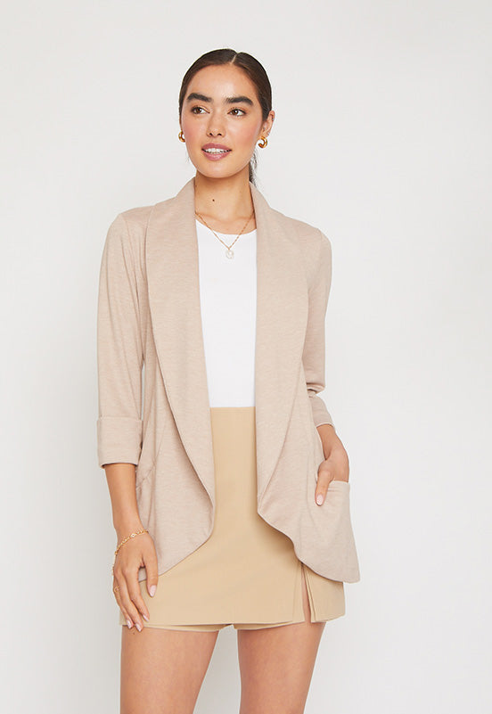 No Srcipt image - Images of 1 of 9 PIQUE KNIT, SUN BEIGE COLOR, SHAWL KNIT JACKET, MELANIE SHAWL, OPEN FRONT JACKET