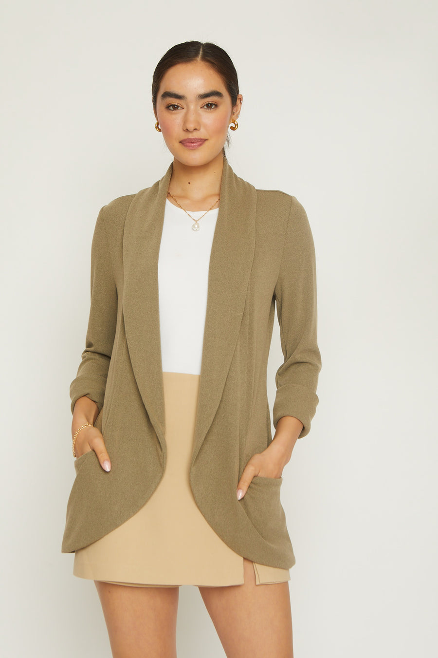 No Srcipt image - Images of 4 of 8 Classic knit jacket with shawl collar rib knit medium weight fabric side pockets heather khaki green color