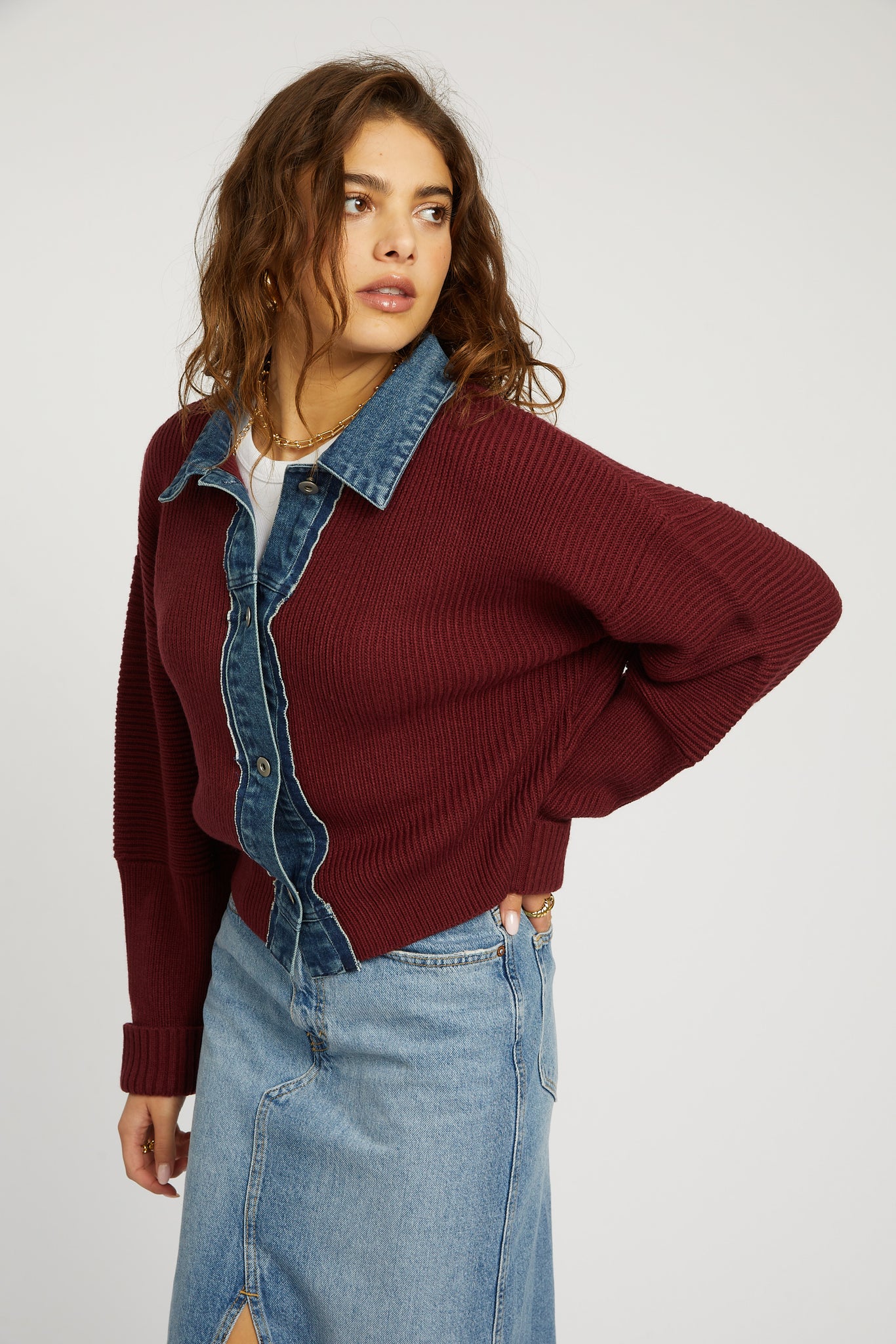 Piper Denim Trim Sweater - Burgundy