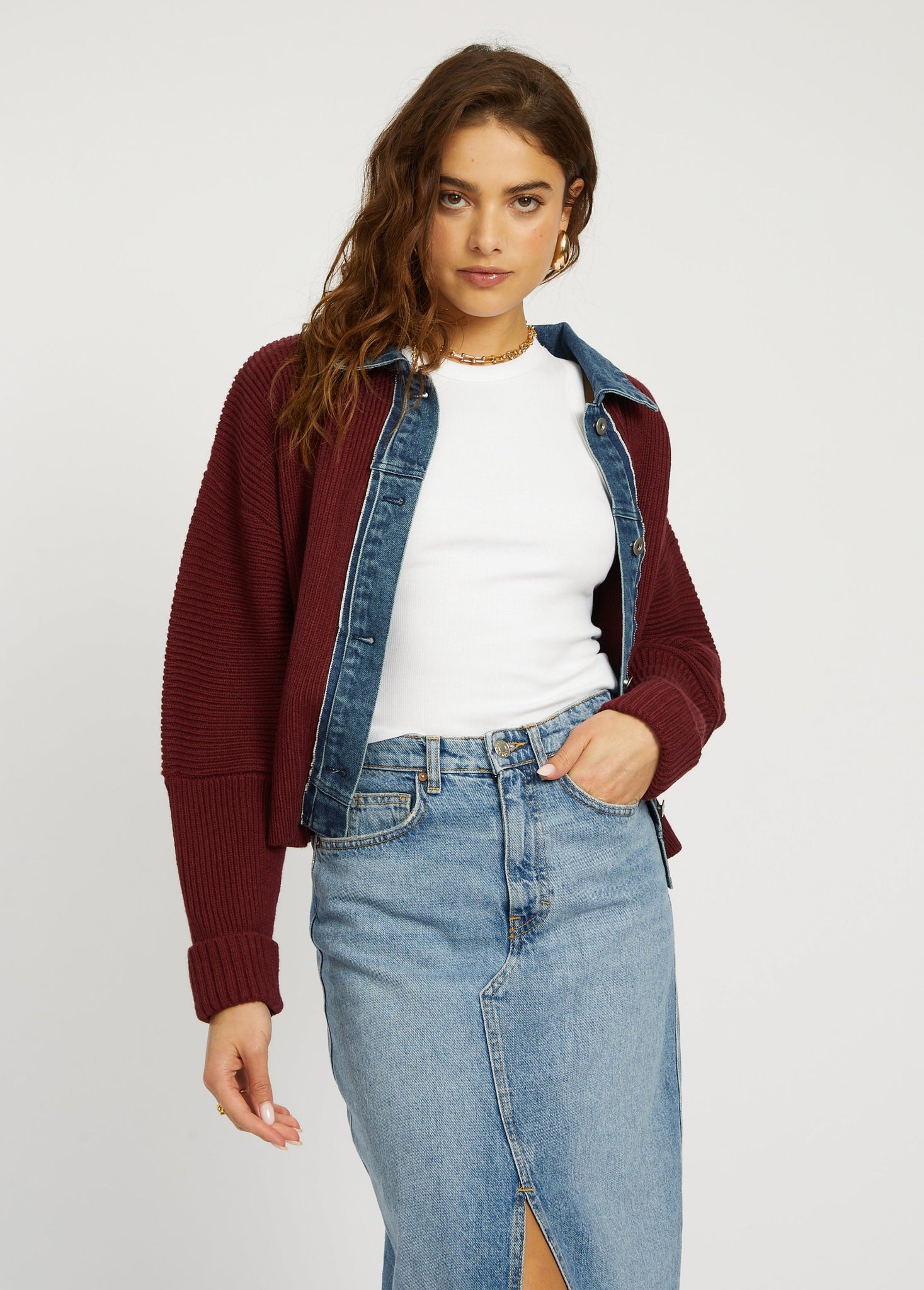 Piper Denim Trim Sweater - Burgundy