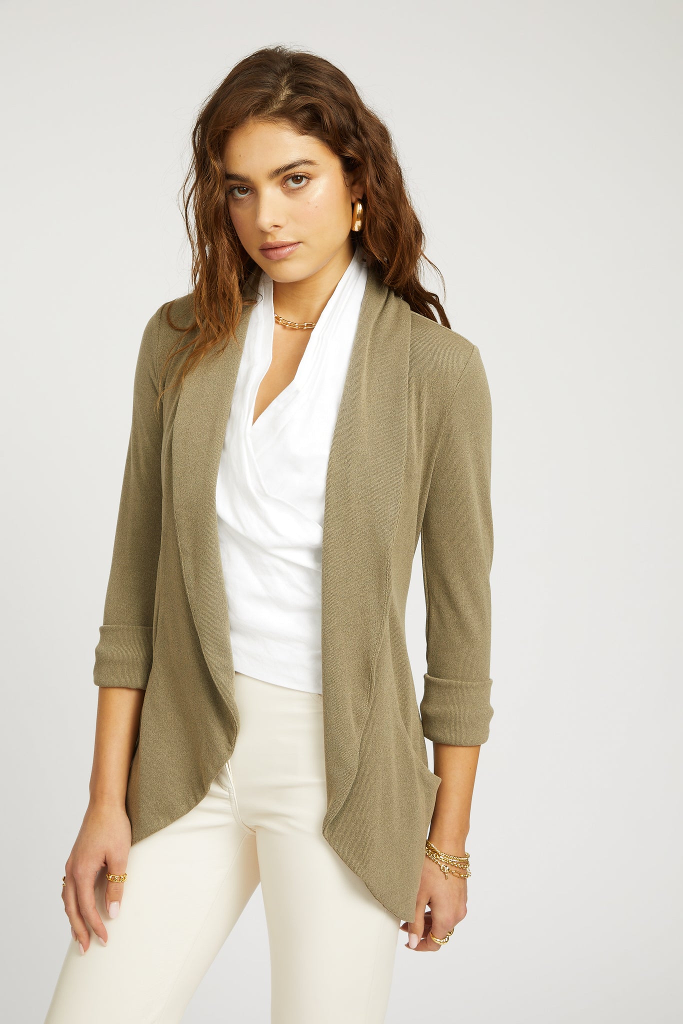 Melanie Knit Jacket in Rib Knit - Khaki Green