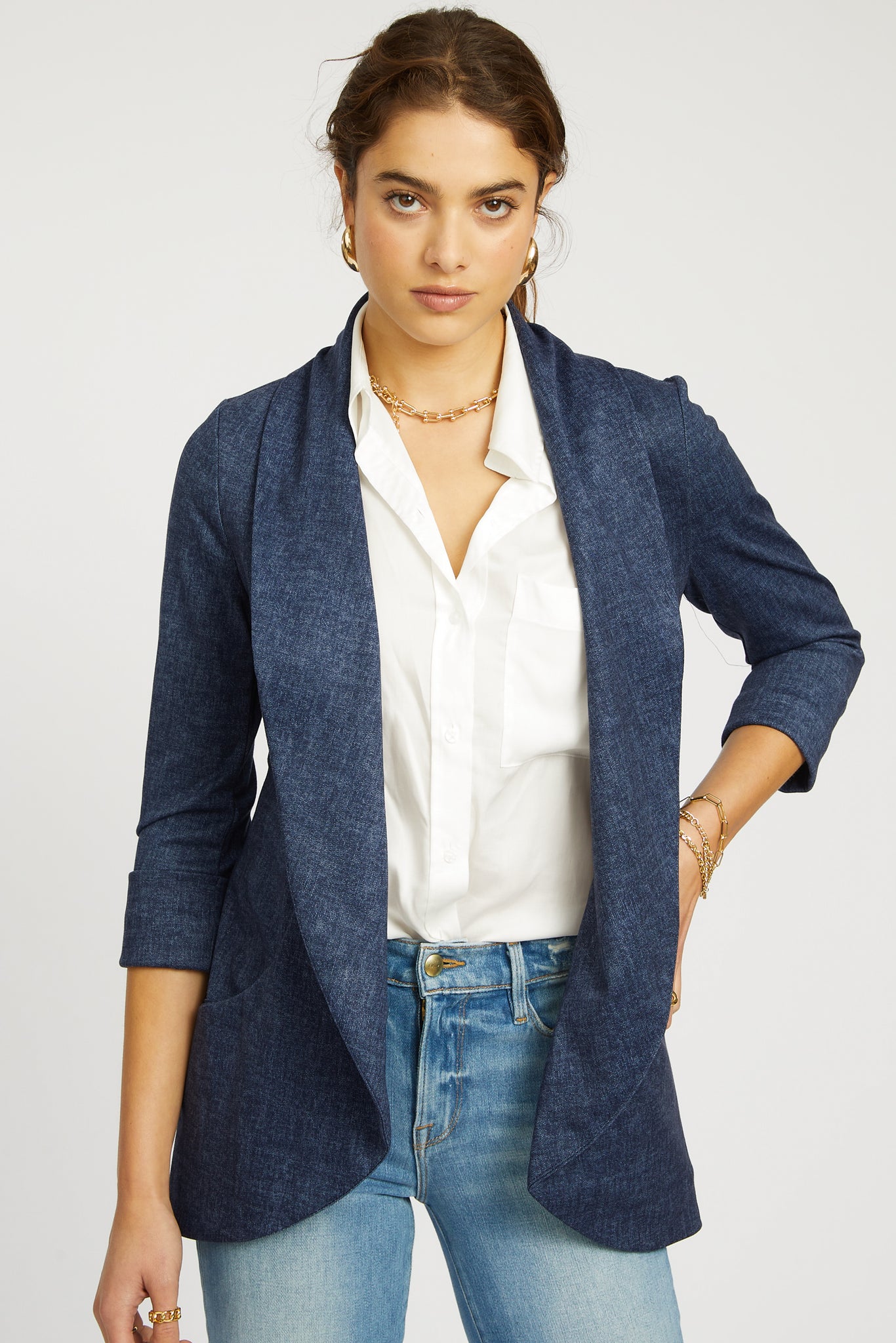 Melanie Knit Jacket in Denim Finish - Indigo Blue