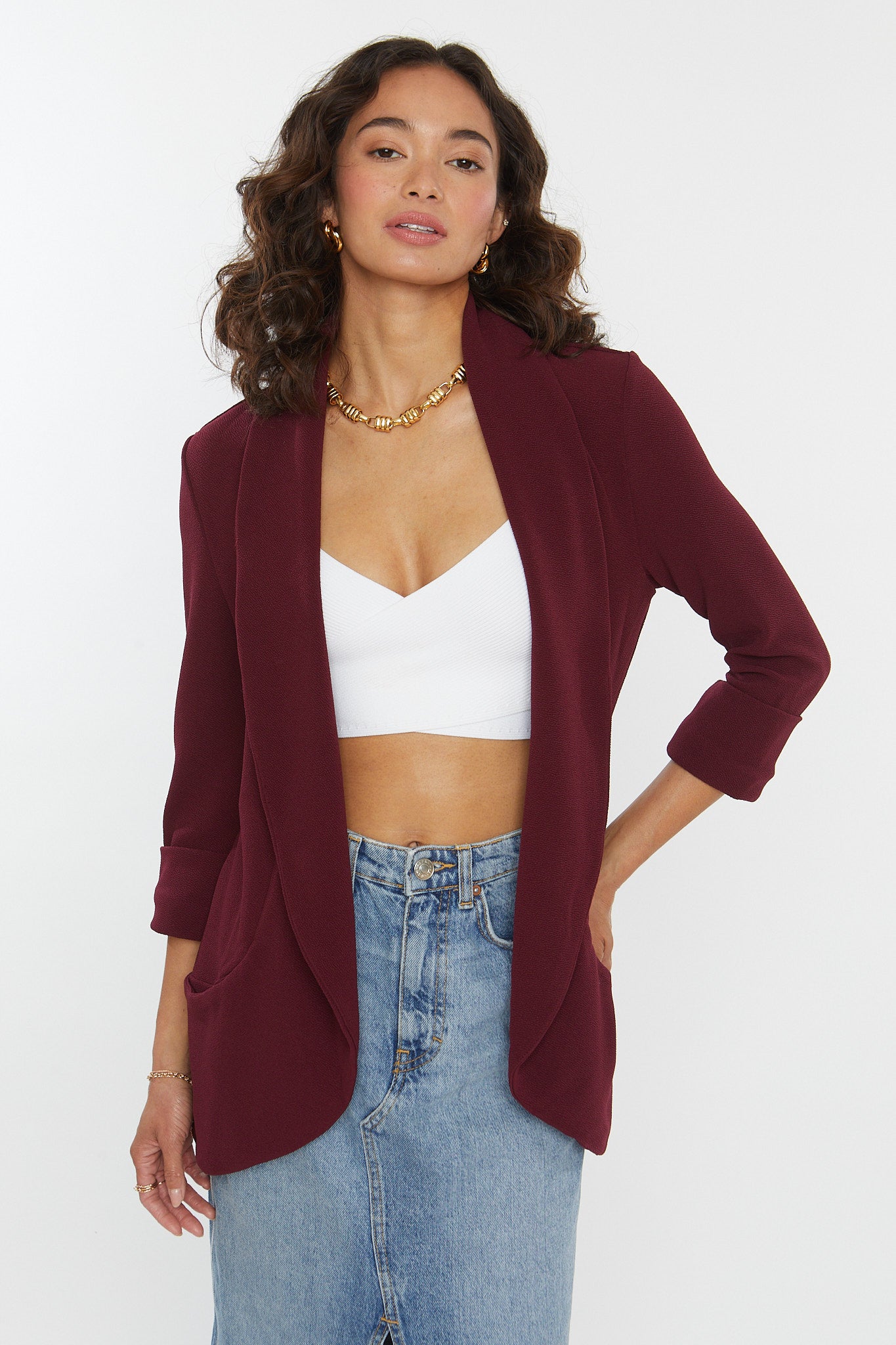 Classic Melanie Shawl Simple Staple Burgundy Color Workwear Office Wear Women’s Outerwear Blazer Jacket Everyday Shawl Front Pockets Best Seller Customer Favorite Casual Style Everyday Jacket