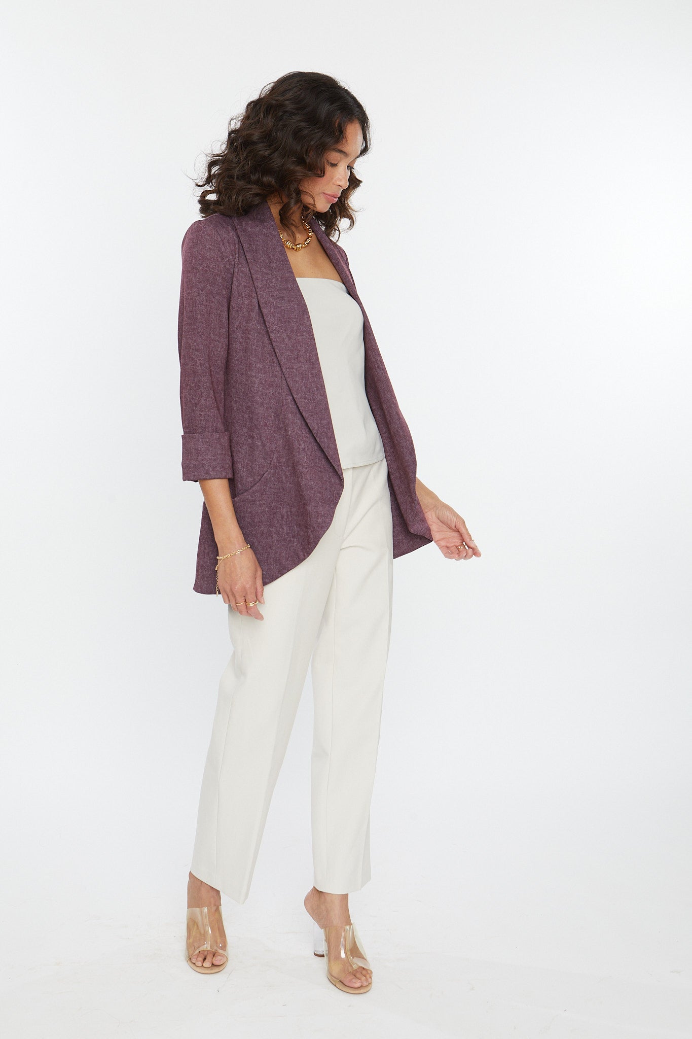 Melanie knit jacket in denim finish, washed plum denim color, open front jacket, shawl collar, 3/4 length sleeve