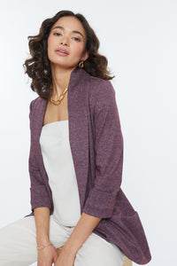 Melanie knit jacket in denim finish, washed plum denim color, open front jacket, shawl collar, 3/4 length sleeve
