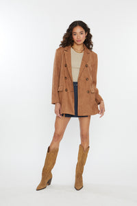 faux suede jacket, Emory vegan suede jacket, oversized jacket, double breasted, light brown color