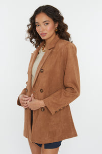 faux suede jacket, Emory vegan suede jacket, oversized jacket, double breasted, light brown color