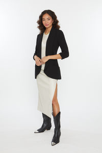 Melanie knit jacket, shawl knit jacket, 3/4 sleeve, crepe knit fabric, soft, stretch, open front, front pockets