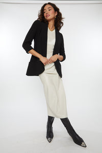 Melanie knit jacket, shawl knit jacket, 3/4 sleeve, crepe knit fabric, soft, stretch, open front, front pockets