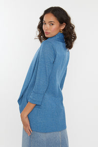 Melanie knit jacket in denim finish, shawl jacket, 3/4 length sleeve, open front, light denim wash color