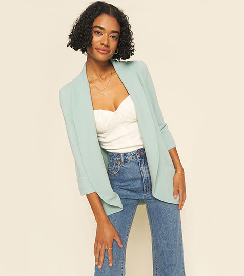 No Srcipt image - Images of 1 of 5 Classic Melanie Shawl Simple Staple Seafoam Blue Color Workwear Office Wear Women’s Outerwear Blazer Jacket Everyday Shawl Front Pockets Best Seller Customer Favorite Casual Style Everyday Jacket