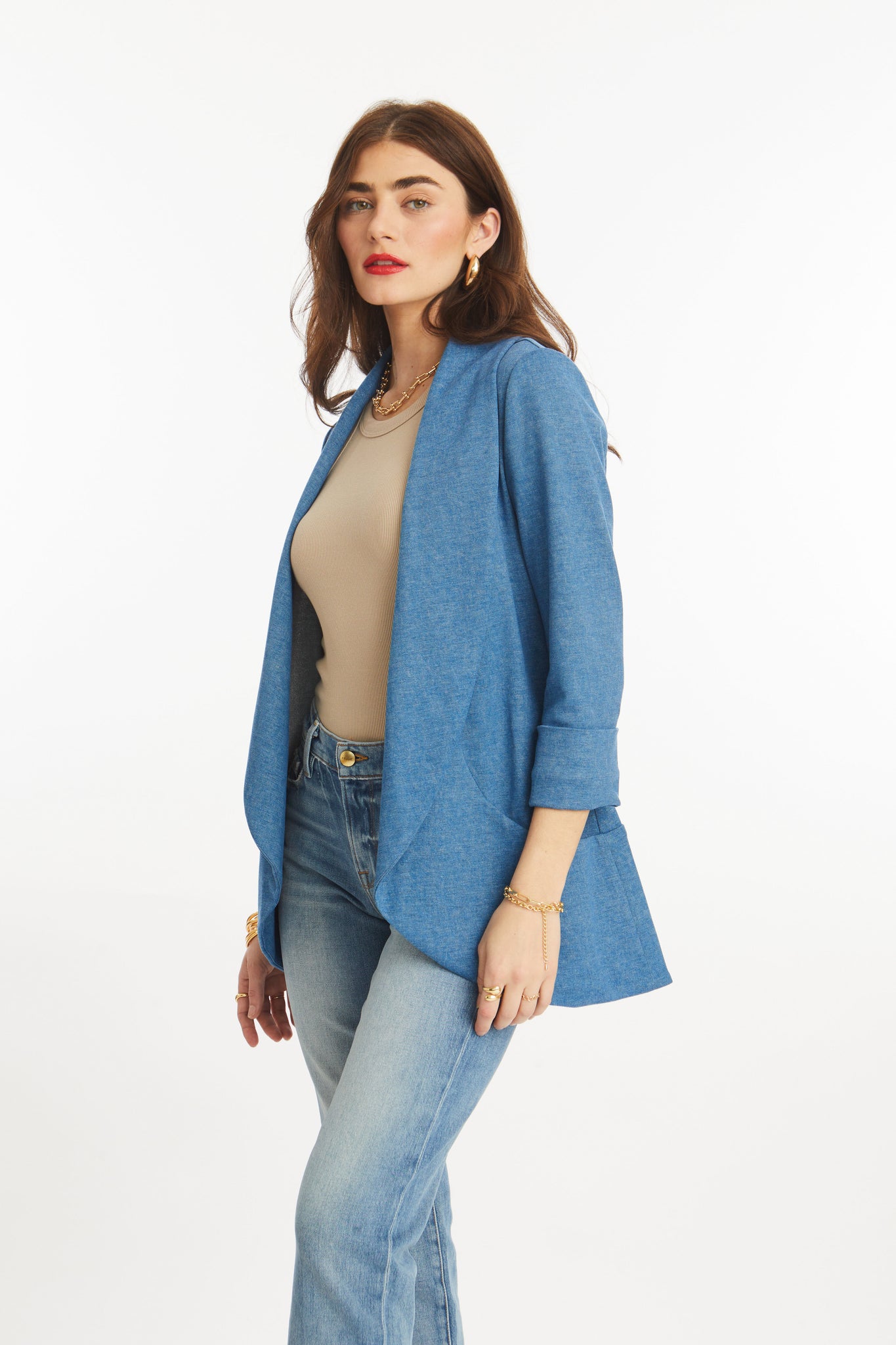 Melanie Knit Jacket in Denim Finish - Light Denim blue