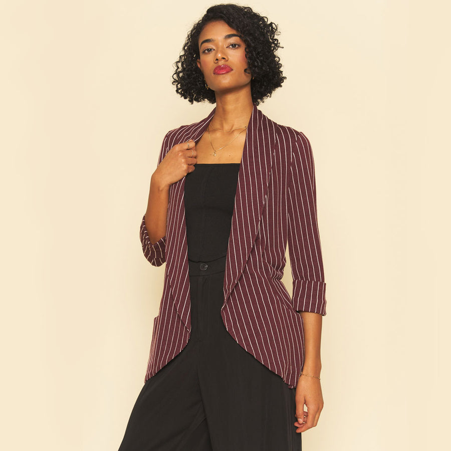 No Srcipt image - Images of 7 of 7 Classic Melanie Shawl Simple Staple Burgundy Striped Workwear Blazer Jacket Stripes Everyday Shawl Front Pockets Best Seller Customer Favorite