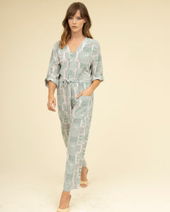 Jumpsuit Summer Style Geometric Green Print Silk Fabric Light Weight Comfortable Breathable with Poppy Print