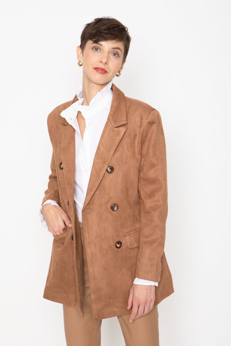 No Srcipt image - Images of 3 of 7 faux suede jacket, Emory vegan suede jacket, oversized jacket, double breasted, light brown color