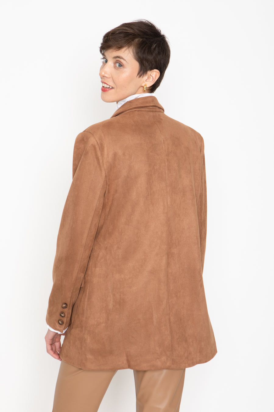 No Srcipt image - Images of 4 of 7 faux suede jacket, Emory vegan suede jacket, oversized jacket, double breasted, light brown color