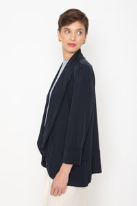 Woven jacket, Melanie woven, shawl jacket, open front , navy color