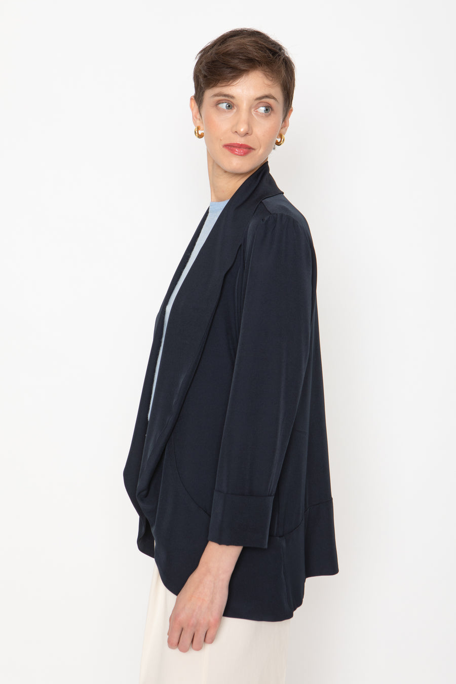 No Srcipt image - Images of 4 of 8 Woven jacket, Melanie woven, shawl jacket, open front , navy color