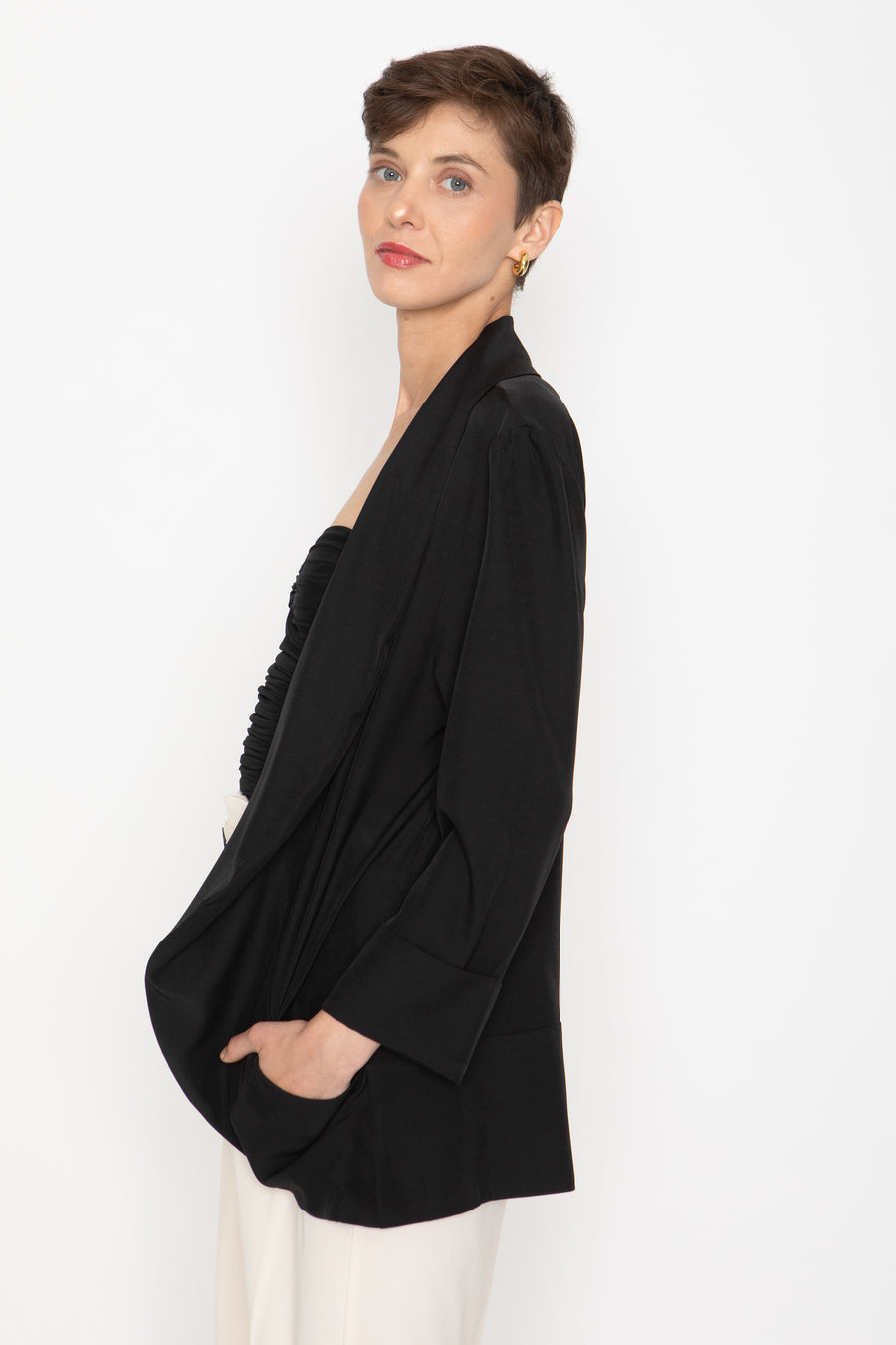 No Srcipt image - Images of 4 of 8 Melanie woven jacket, shawl jacket, open front, black colorMelanie woven jacket, shawl jacket, open front, black color