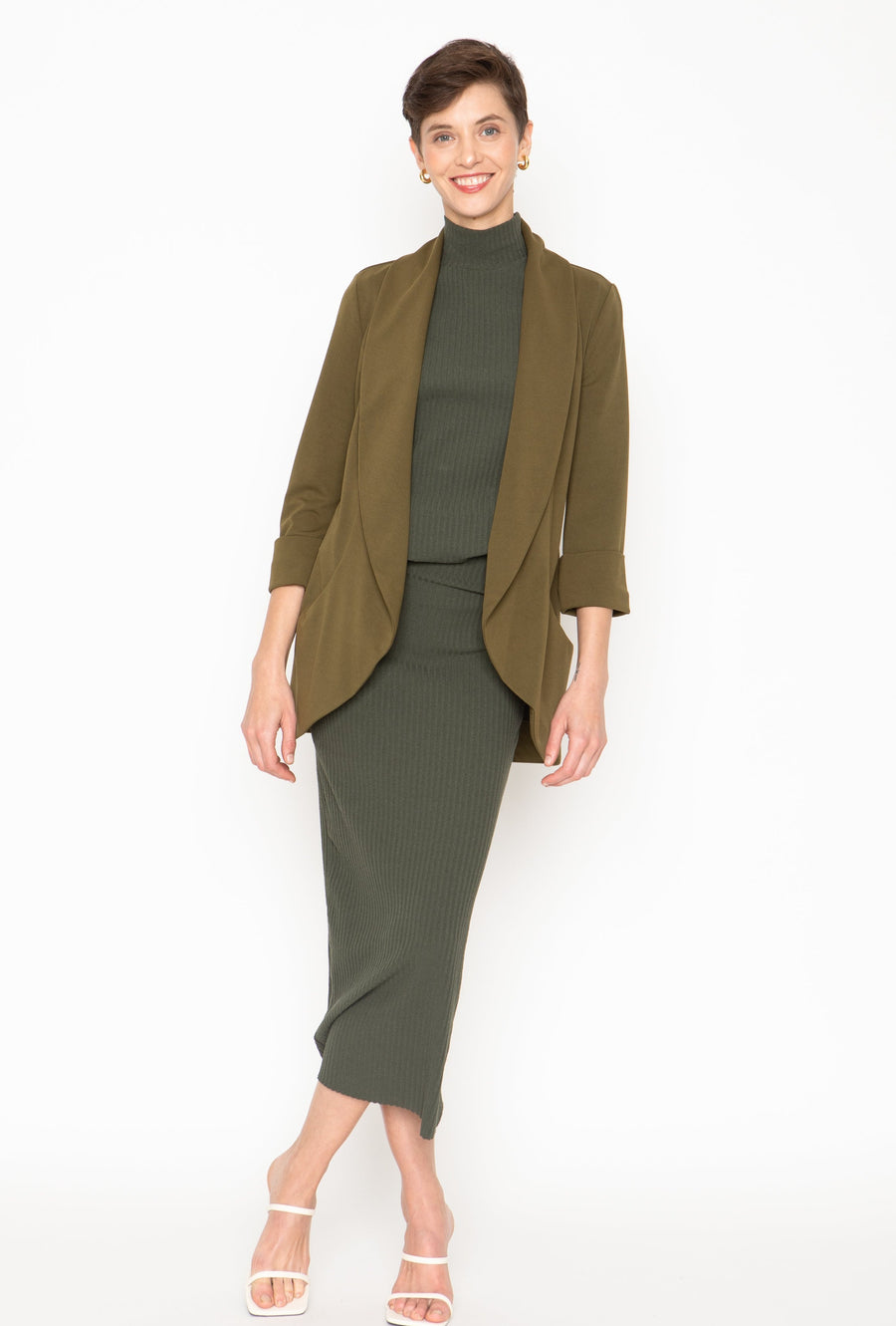 No Srcipt image - Images of 1 of 7 MELANIE KNIT JACKET IN PONTE- MARTINI OLIVE