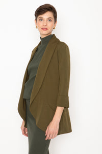 Melanie shawl knit jacket, ponti knit, shawl collar jacket, martini olive color, open front