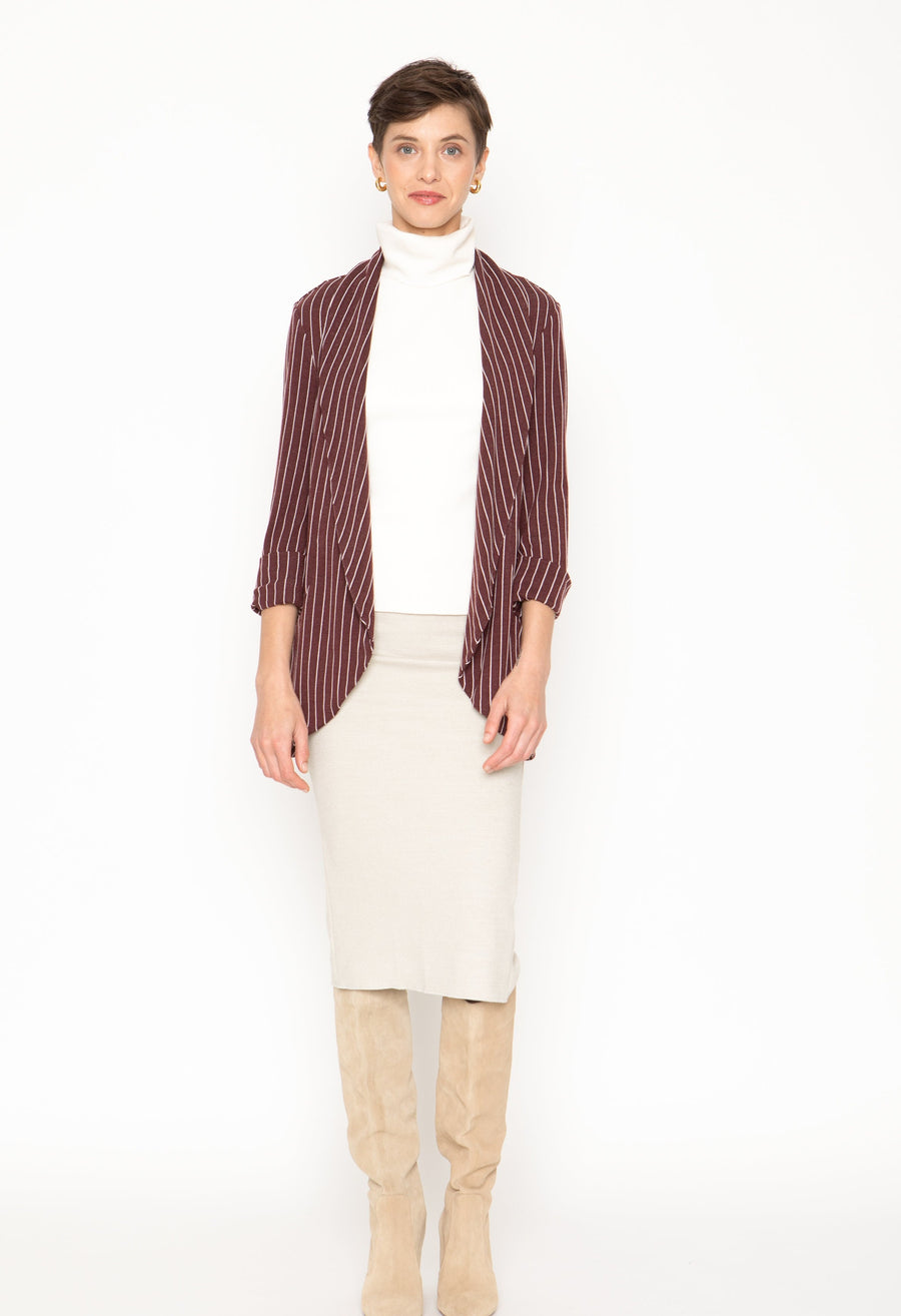 No Srcipt image - Images of 2 of 7 Classic Melanie Shawl Simple Staple Burgundy Striped Workwear Blazer Jacket Stripes Everyday Shawl Front Pockets Best Seller Customer Favorite