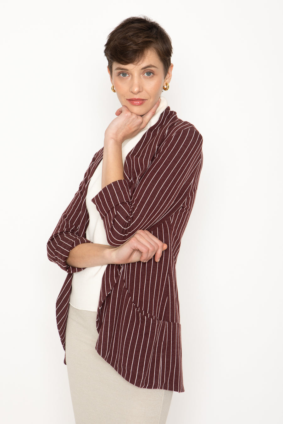 No Srcipt image - Images of 1 of 7 Classic Melanie Shawl Simple Staple Burgundy Striped Workwear Blazer Jacket Stripes Everyday Shawl Front Pockets Best Seller Customer Favorite