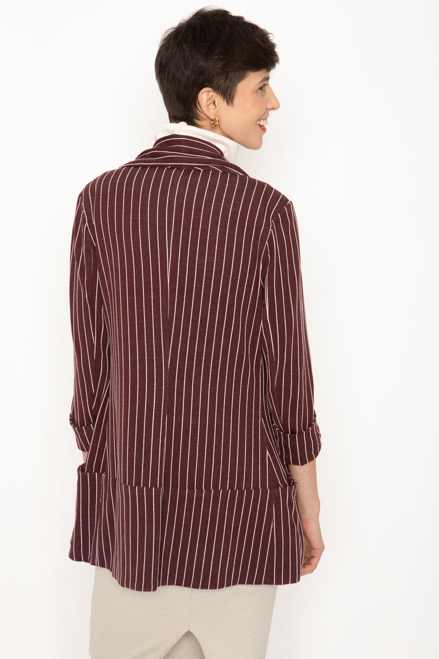 No Srcipt image - Images of 4 of 7 Classic Melanie Shawl Simple Staple Burgundy Striped Workwear Blazer Jacket Stripes Everyday Shawl Front Pockets Best Seller Customer Favorite