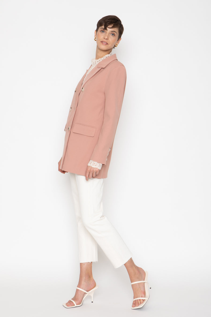 No Srcipt image - Images of 1 of 7 Dusty Rose Pink Color Way Wool Fabric Classic Double Breasted Staple Jacket Women's Workwear Office Wear Women's Fashion Sophisticated Style Chic Simple Staple Classic Pink Blazer Fall Jacket Fall Fashion Women's Outerwear Timeless Everyday Blazer Neutral Color The Emory Blazer In Dusty Rose Professional Attire