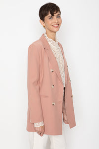 Dusty Rose Pink Color Way Wool Fabric Classic Double Breasted Staple Jacket Women's Workwear Office Wear Women's Fashion Sophisticated Style Chic Simple Staple Classic Pink Blazer Fall Jacket Fall Fashion Women's Outerwear Timeless Everyday Blazer Neutral Color The Emory Blazer In Dusty Rose Professional Attire