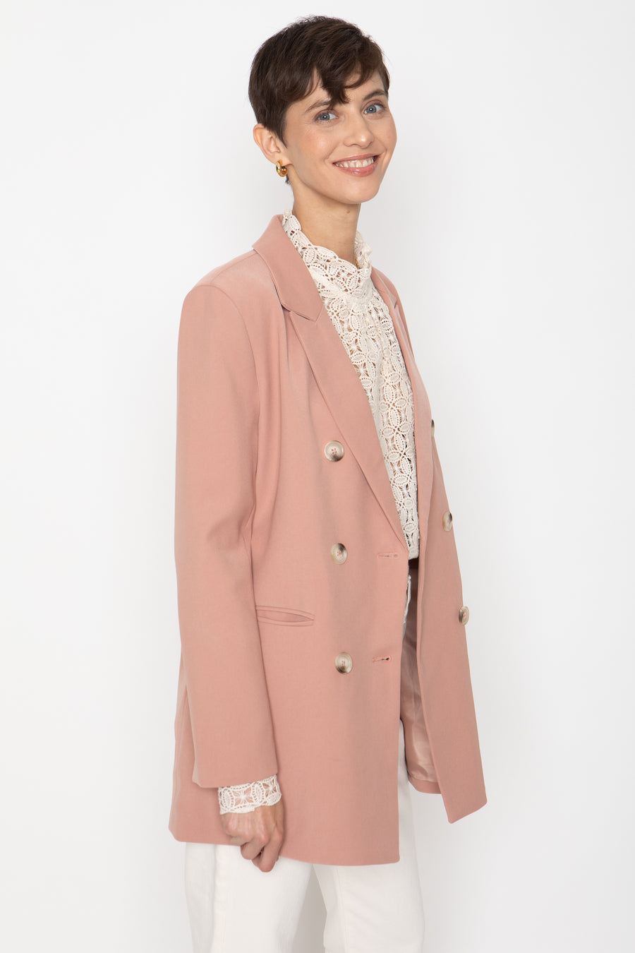 No Srcipt image - Images of 4 of 7 Dusty Rose Pink Color Way Wool Fabric Classic Double Breasted Staple Jacket Women's Workwear Office Wear Women's Fashion Sophisticated Style Chic Simple Staple Classic Pink Blazer Fall Jacket Fall Fashion Women's Outerwear Timeless Everyday Blazer Neutral Color The Emory Blazer In Dusty Rose Professional Attire