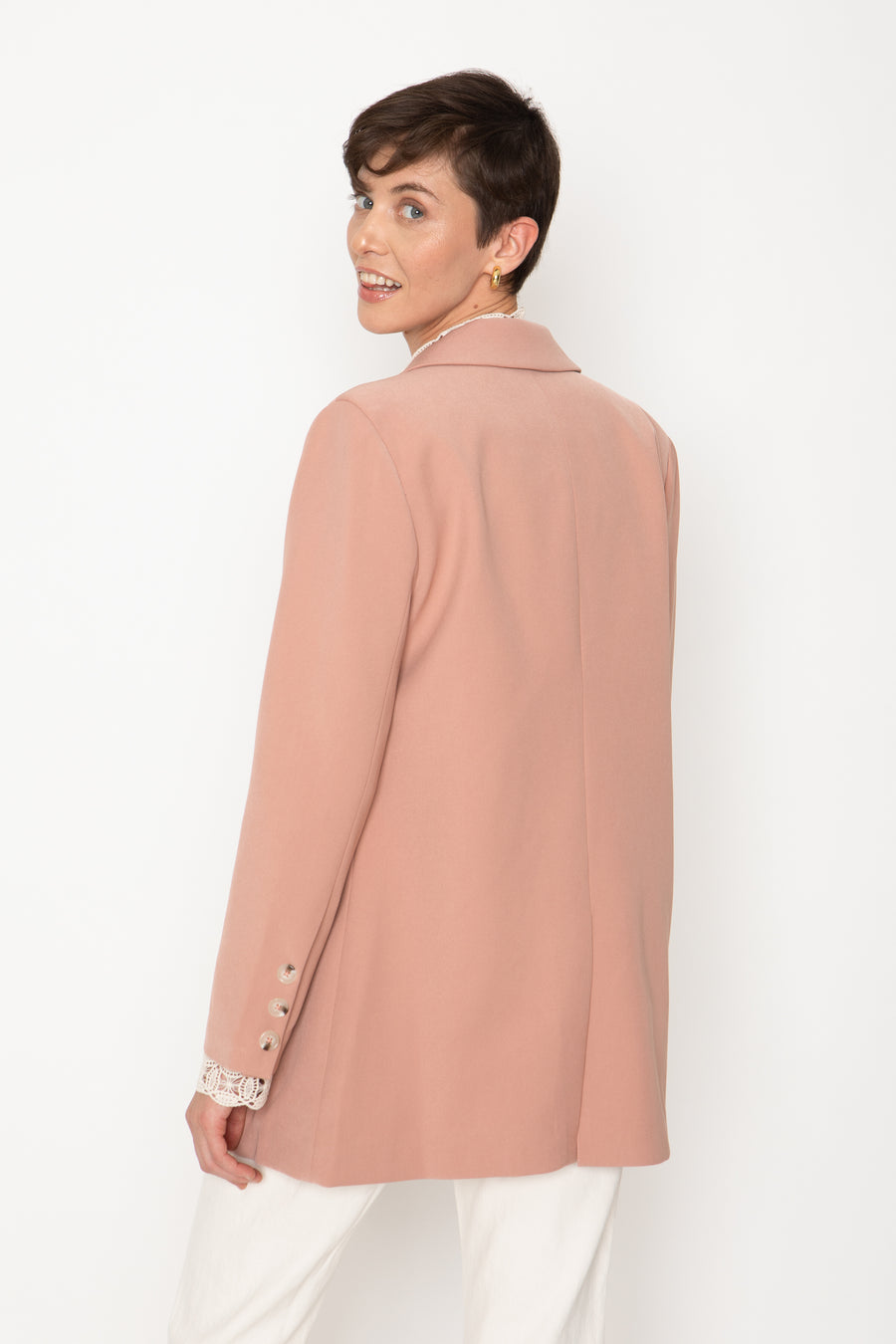 No Srcipt image - Images of 5 of 7 Dusty Rose Pink Color Way Wool Fabric Classic Double Breasted Staple Jacket Women's Workwear Office Wear Women's Fashion Sophisticated Style Chic Simple Staple Classic Pink Blazer Fall Jacket Fall Fashion Women's Outerwear Timeless Everyday Blazer Neutral Color The Emory Blazer In Dusty Rose Professional Attire
