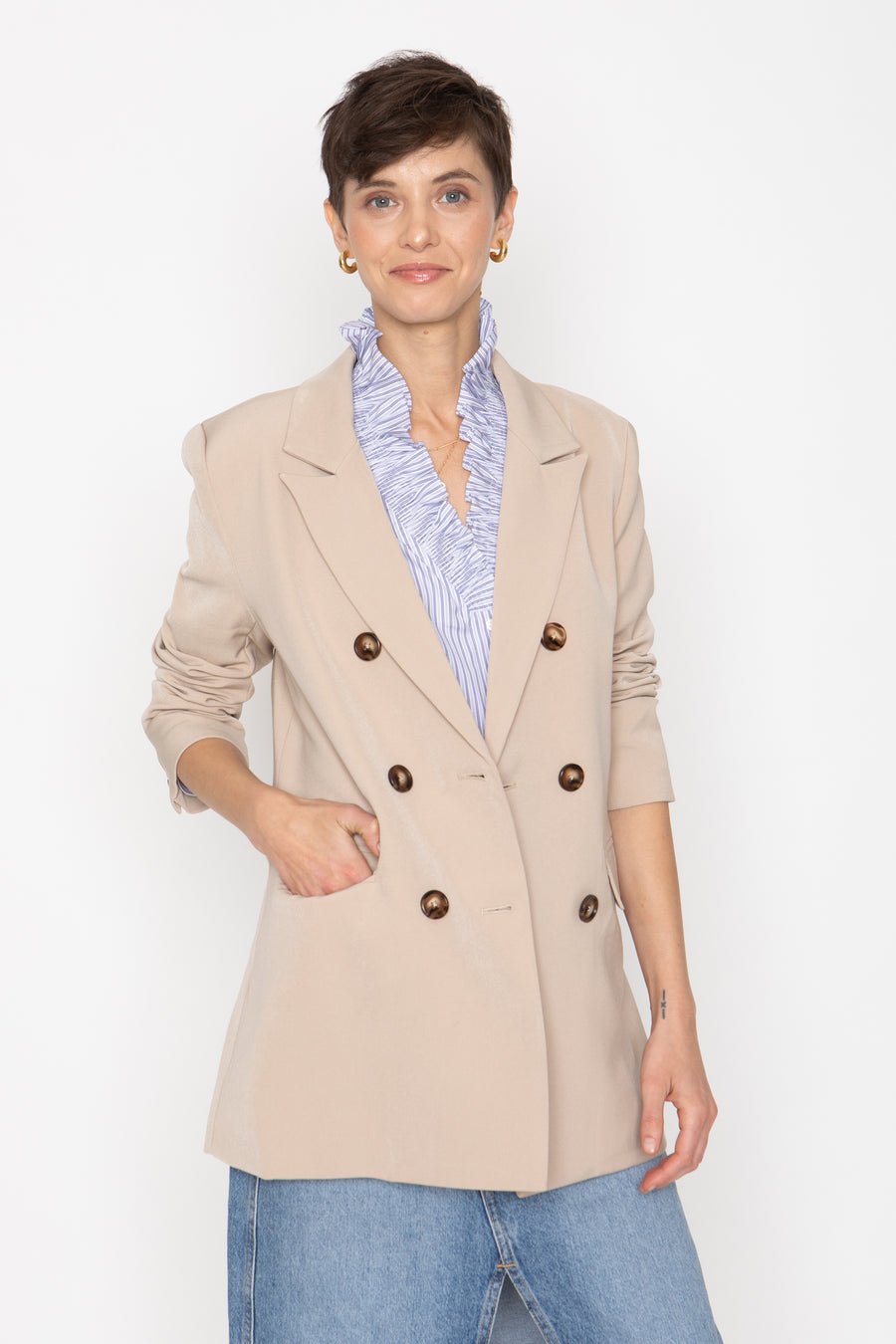 No Srcipt image - Images of 1 of 6 EMORY BLAZER OVERSIZED JACKET DOUBLE BREASTED BEIGE COLOR FLAP POCKETS