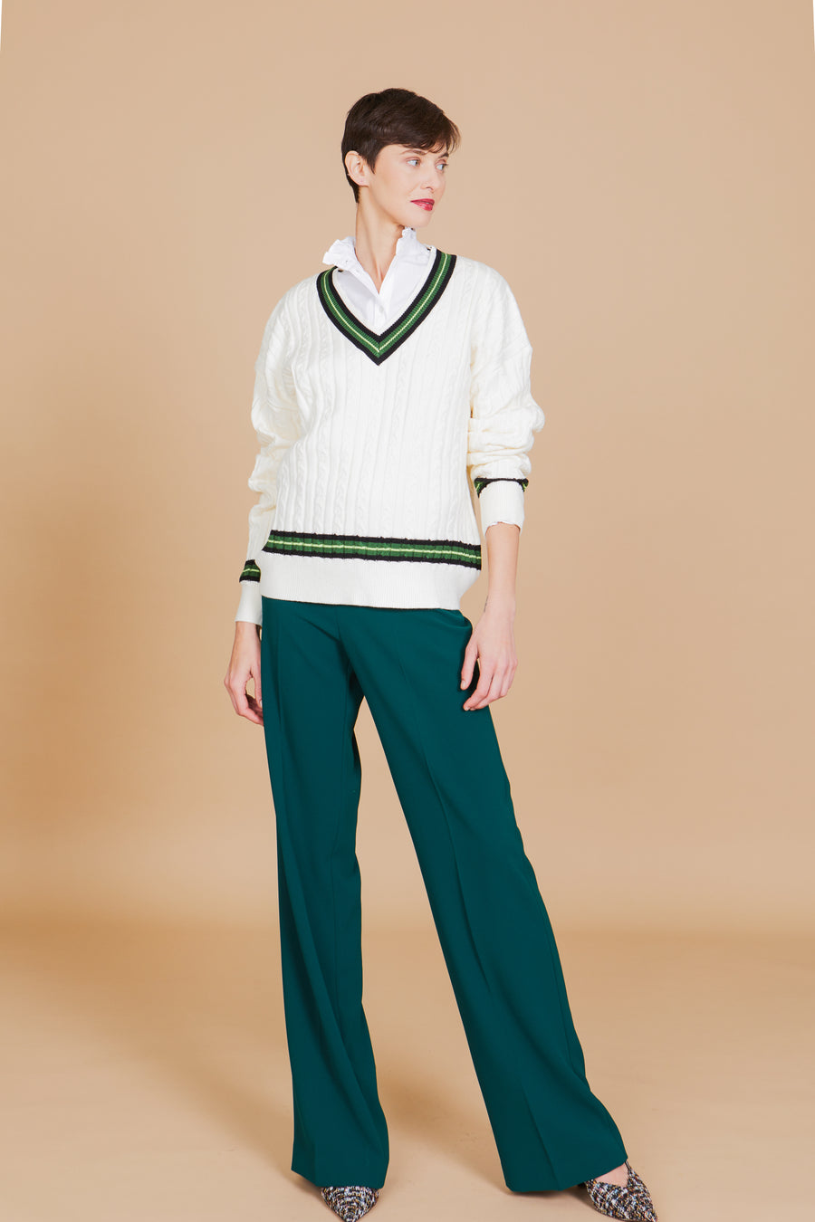 No Srcipt image - Images of 1 of 6 V NECK SWEATER, CREAM COLOR WITH GREEN AND NAVY TRIMS, CABLE KNIT, SWEATER